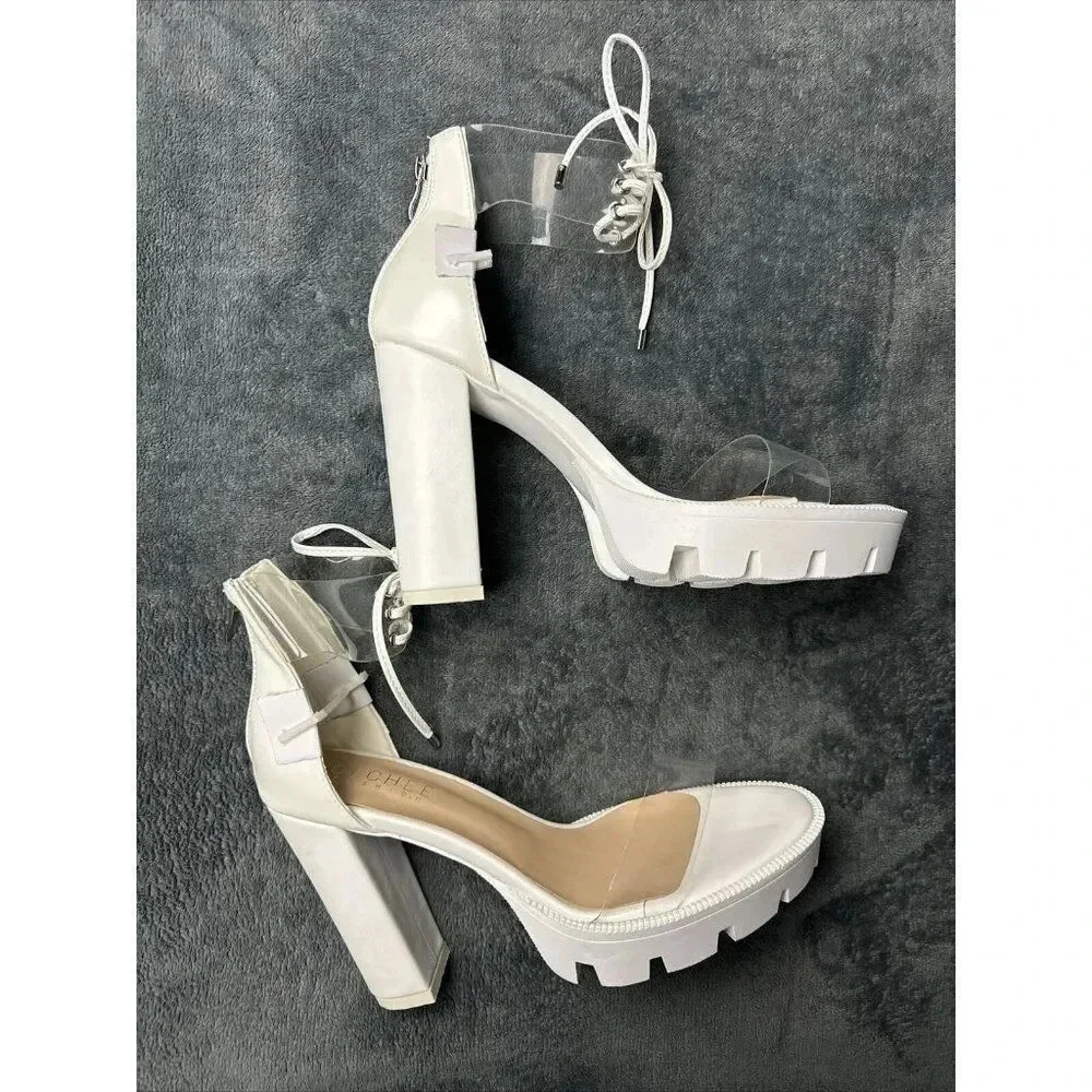 OLCHEE Women's Clear Ankle Strap Platform Sandals - Transparent Lace High Heels